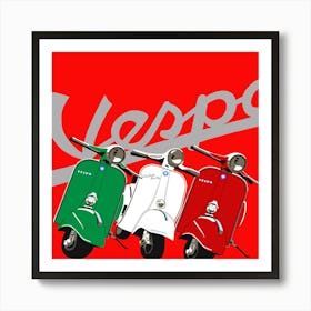 Vespa Scooters on red Art Print