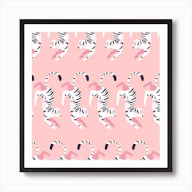 Prancing White Tiger Pattern On Pink Square Art Print