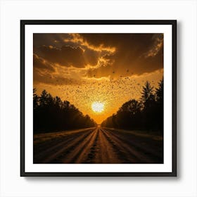 A Vivid Sky Filled with Birds, Their Shadows Stretching Across the Earth in the Glow of the Setting Sun Art Print