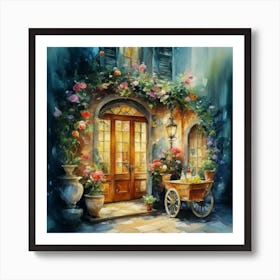 Quiet and attractive dining nook, overgrown flowers, high quality, detailed, highly 3D, elegant carved cart, 11 Art Print