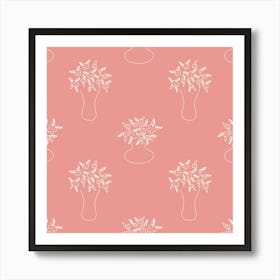 Doodle Flowers in Vases on Pink, Pattern Art Print