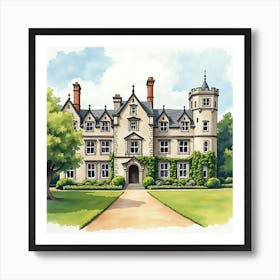 Watercolor View Of The Hutton In The Forest In Cumbria, Highlighting Its Grand Architecture And Scenic Setting Art Print