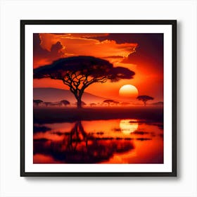Stunning sunset with acacia tree silhouette Art Print