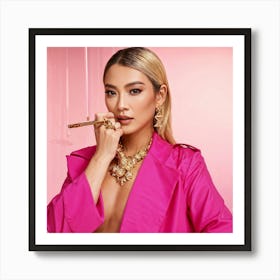 Oriental Glamour Portrait Of A Fashionable Model In A Pink Trench With Luxurious Thai Japanese Influ (6) Art Print