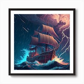 Pirate Ship In Stormy Sea Art Print