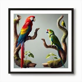 Two Parrots Perched On Branches Art Print