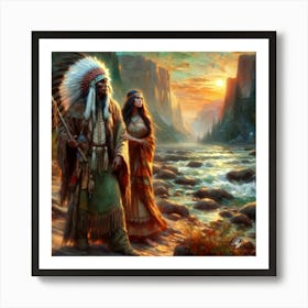 Oil Texture Native American Couple By Stream Copy 1 Art Print