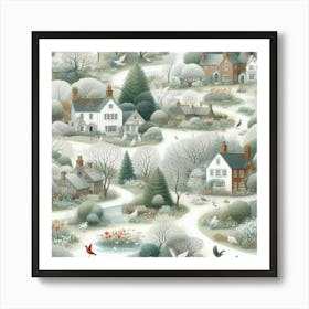 Winter Village And Evergreen Trees Art Print