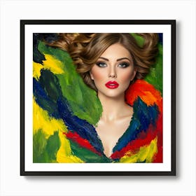 Beautiful Woman With Colorful Feathers Art Print