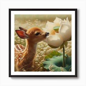 Baby deer and a huge flower Art Print