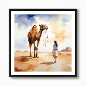 Watercolor Girl And Camel In The Desert Art Print