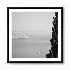Greece Sea Boat 2 Bw Square Art Print