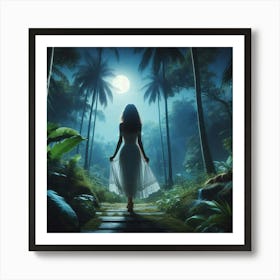 Beautiful Woman In The Forest At Night Art Print