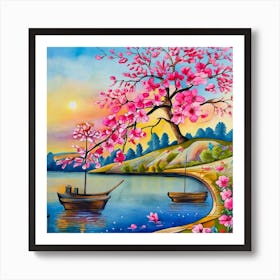 Cherry Blossoms By The Lake Art Print