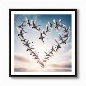 Swans Flying In A Heart Shape Art Print