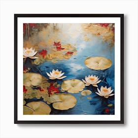 Surface of water with water lilies and maple leaves Art Print
