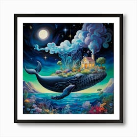 Surrealist Landscape Colossal Whale Floating Amid A Night Sky Studded With Stars And Constellations Art Print