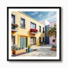 A charming Mediterranean-style courtyard with a yellow building and green doors. Art Print