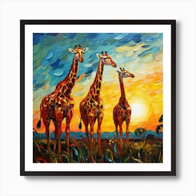 Giraffes At Sunset 1 Art Print