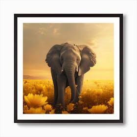 Elephant In A Field Of Yellow Flowers Art Print