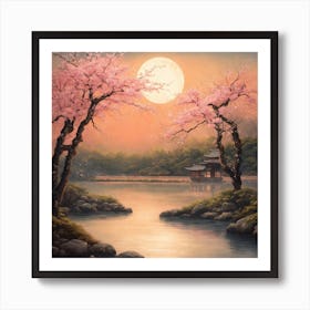 Japanese Sakura In River Art Print