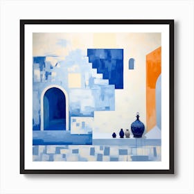 Abstract Minimalist Contemporary Art Print - Blue, Orange & White Archways With Pots Art Print