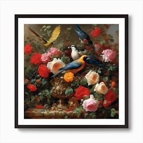 Birds And Roses Art Print