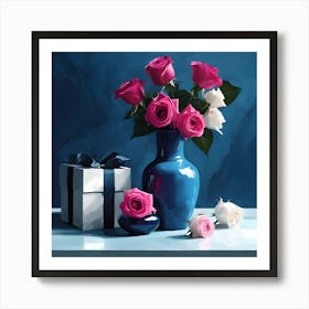 Pink & White Roses with Gift Box Art Print