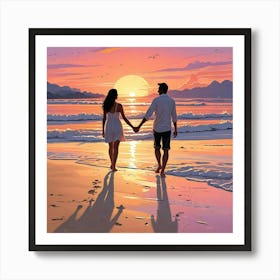 Ocean Sunset Beach With Couple Art Print (5) Art Print