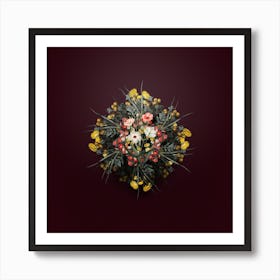 Vintage Dark Eyed Viscaria Flower Branch Floral Wreath on Wine Red n.2680 Art Print