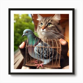 Pigeon And Cat In Cage 1 Art Print