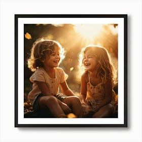 Two Little Girls Playing In The Autumn Leaves Art Print