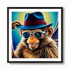 A Dazzling, High Contrast Illustration Of A Monkey Donning A Vintage Inspired, Curved Brim Fedora Hat With A Crimson Band And A Pair Of Sleek, Silver Rimmed, Oversized Sunglasses Art Print