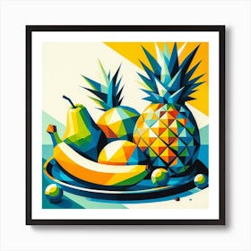 Fruits on the Edge: An Abstract Painting of a Blue Plate with Fruits Hanging Over the Edge Art Print