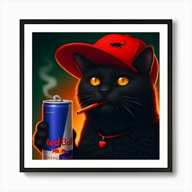 A Black Cat With A Red Hat Drinking A Red Bull Energy Drink 4 Art Print