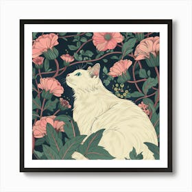 White Cat In Flowers 5 Affiche