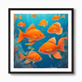 Illustration Of Orange Fish Underwater In The Ocean Art Print