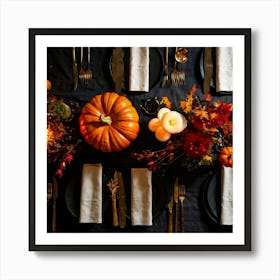 Autumnal Table Setting Cradling A Half Carved Roasted Pumpkin Candlelight Flickering Within Casting (5) Art Print