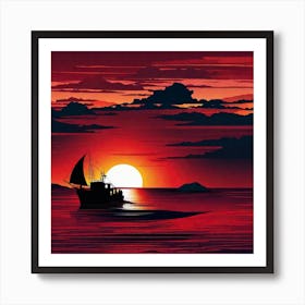 Sunset Boat Painting Art Print