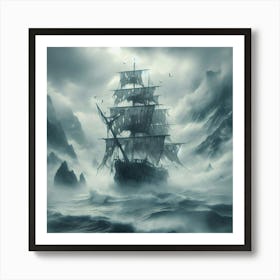 Pirate Ship In Stormy Sea Art Print