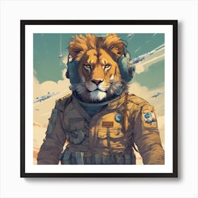 A Badass Anthropomorphic Fighter Pilot Lion, Extremely Low Angle, Atompunk, 50s Fashion Style, Intri (2) Art Print