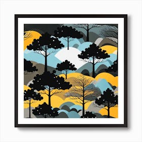 Black And Yellow Forest, Forest, sunset,   Forest bathed in the warm glow of the setting sun, forest sunset illustration, forest at sunset, sunset forest vector art, sunset, forest painting,dark forest, landscape painting, nature vector art, Forest Sunset art, trees, pines, spruces, and firs, black, blue and yellow, trees Art Print