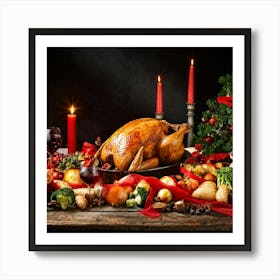 Festive Christmas Feast Centerpiece Roast Turkey Glistening With Herbs Surrounded By An Assortment Art Print