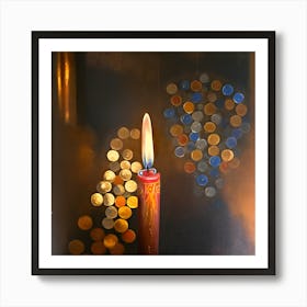 Warm Glow Single Lit Candle With Festive Lights Paintinga Christmas Candle Acrylic Painting Art Print