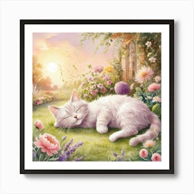 Cat Sleeping In The Garden Art Print