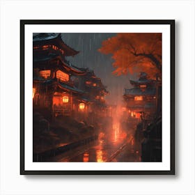 Asian Village In The Rain Art Print