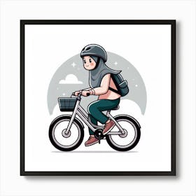 A young, female cyclist wearing a hijab rides her bicycle through a scenic landscape with a starry night sky and crescent moon in the background Art Print