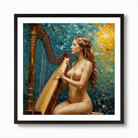 Nude Woman Playing Harp Art Print