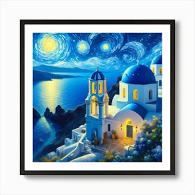 Santorini In Starry Night With Sea Affiche