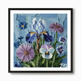 Irises Asters and Pansies Art Print